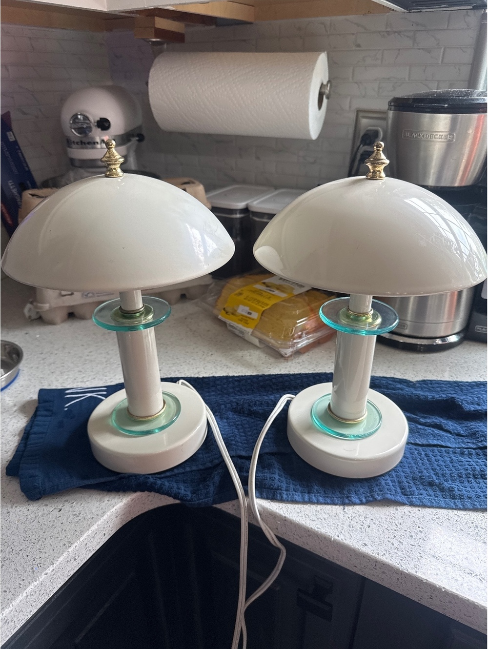 Pair of White Dome Mushroom Table Lamps with Green Glass Accents [COPY] [COPY]